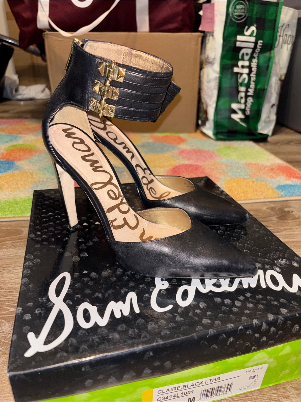 Sam Edelman Black Leather Pointed Toe Ankle-Strap Pumps with Gold Accent